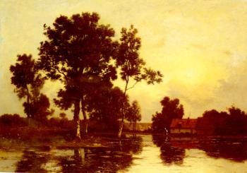 裡昂 萊歇 Paysage De Riviere Au Crepuscule